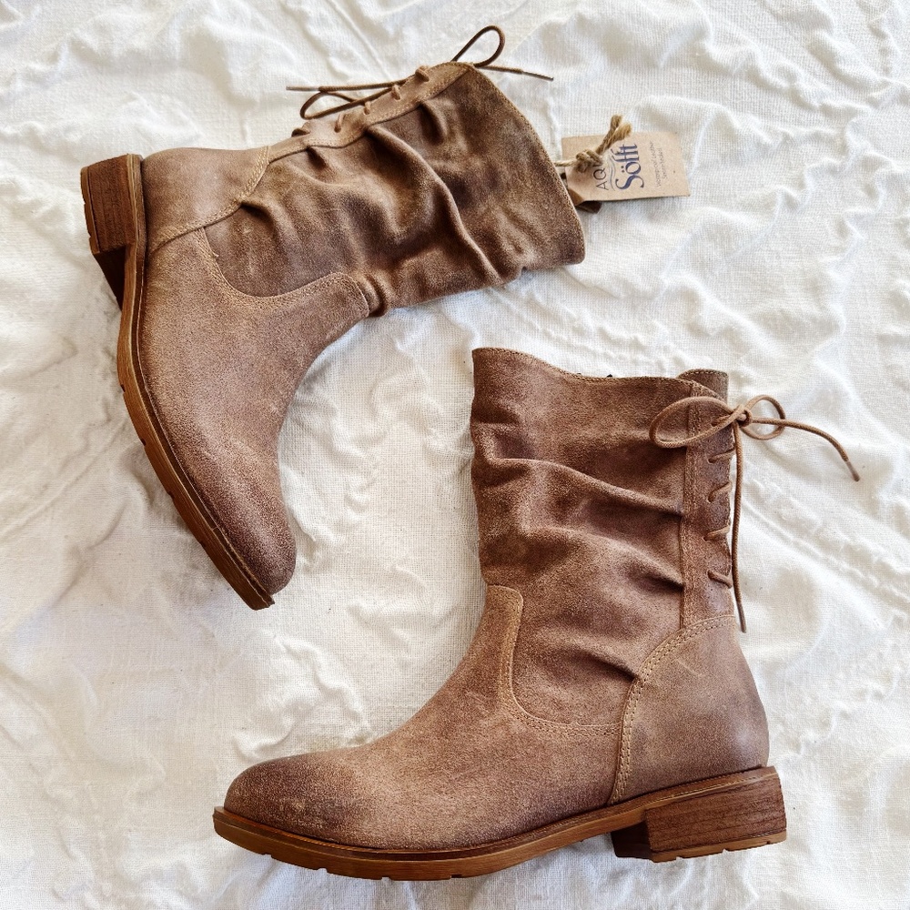 Sofft Women's Slouchy Lace-Back Mid-Calf Boots in Taupe Brown NWOT 6.5